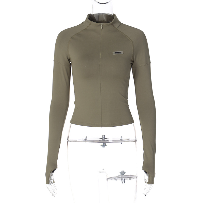 Slim Fit Half Turtleneck Long Sleeve Top Zipper Closure Lightweight Fabric Trendy Style Perfect for Casual Outings