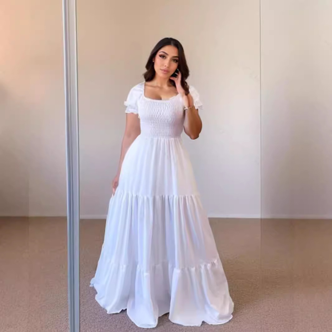 European and American Cross border Hot Selling Commuter Solid Color Square Neck Spliced Long Skirt Dress