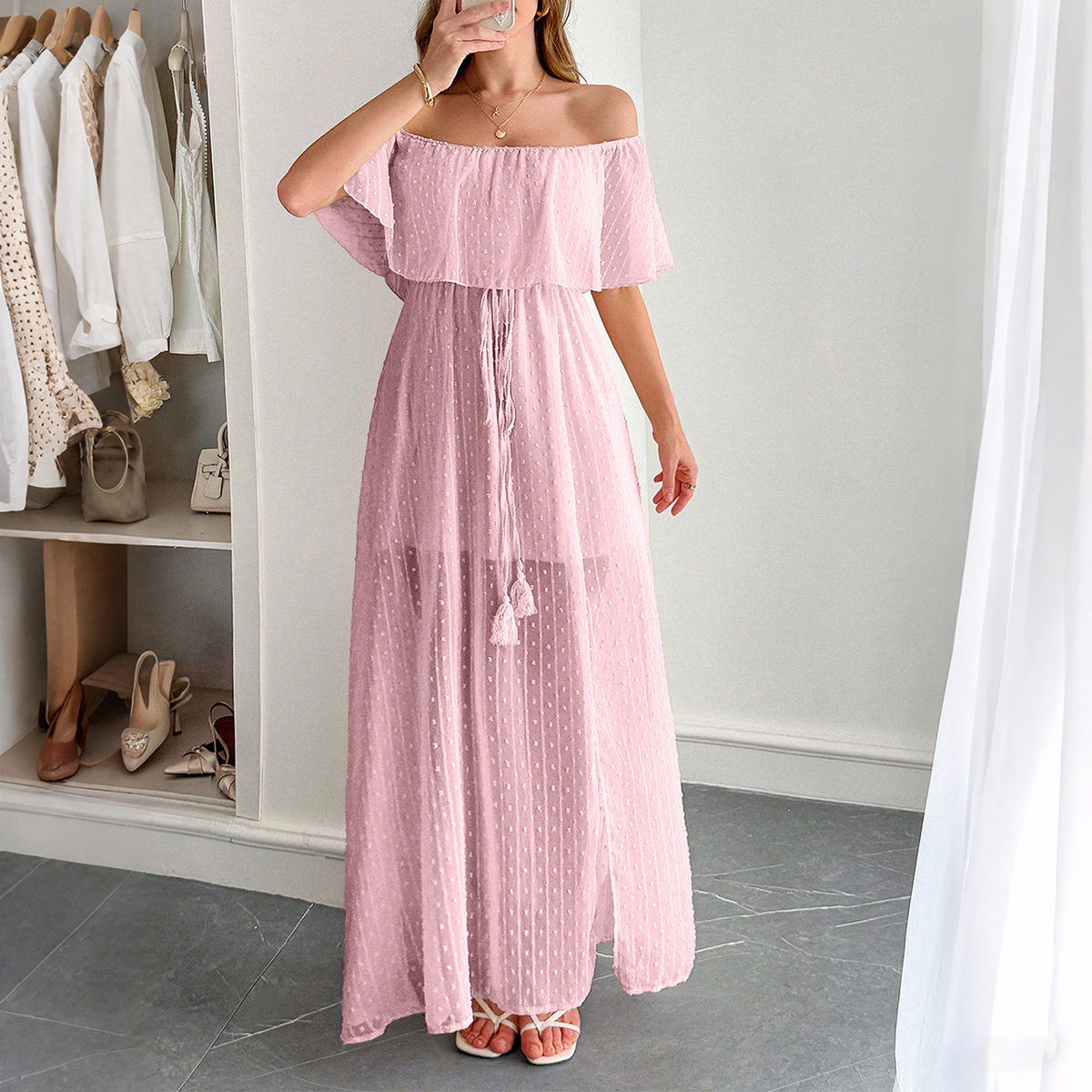 Elegant Strapless Waist Defined Short Sleeve Long Dress for Women Summer