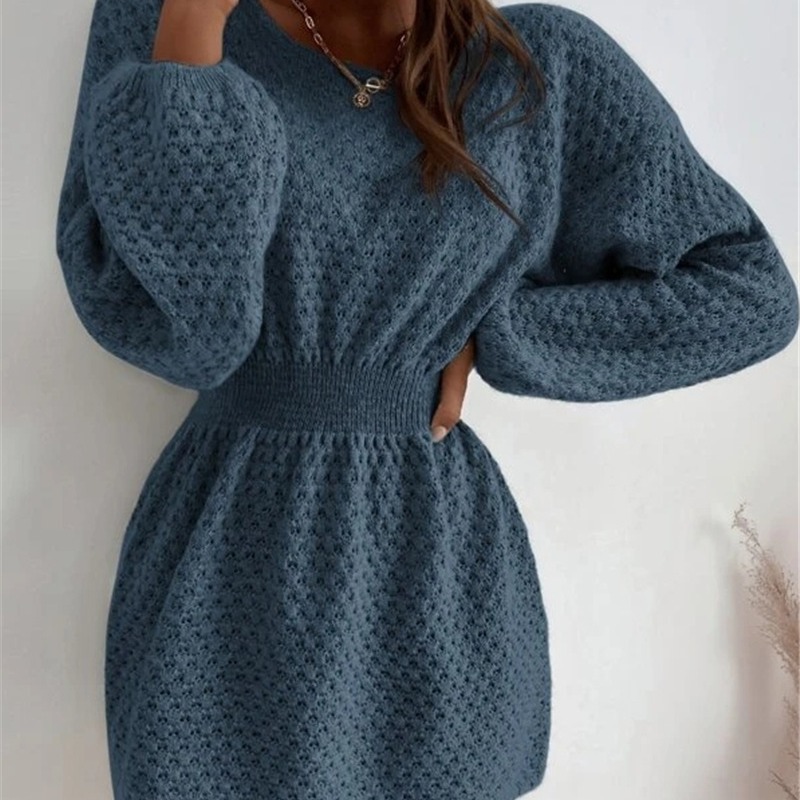 French Style Loose Fit Round Neck Knitted Dress Waist Defining Design Casual Wear for Fall Winter Wholesale Available