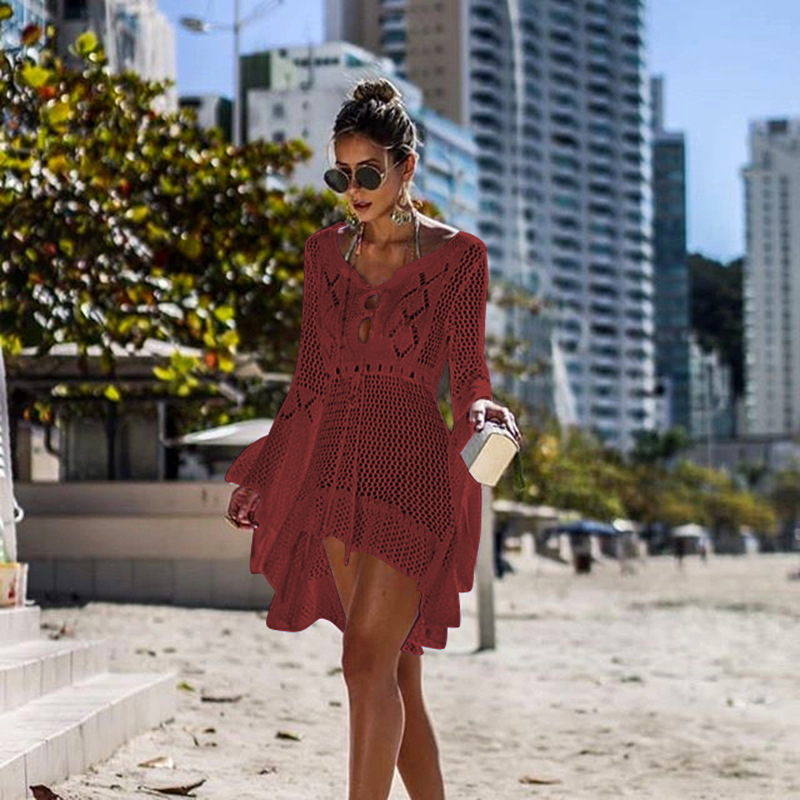 Irregular Deep V Sexy Hollow Out Knitted Beach Cover Up Dress Bell Sleeves Lightweight Fabric Summer Style Wholesale