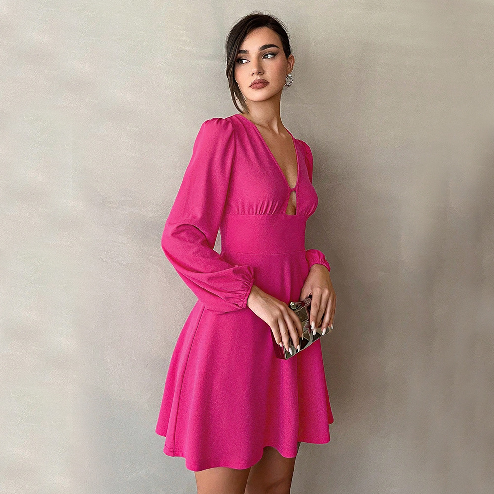 Autumn Winter New Waist Slimming V neck Puff Sleeve A line Mini Dress