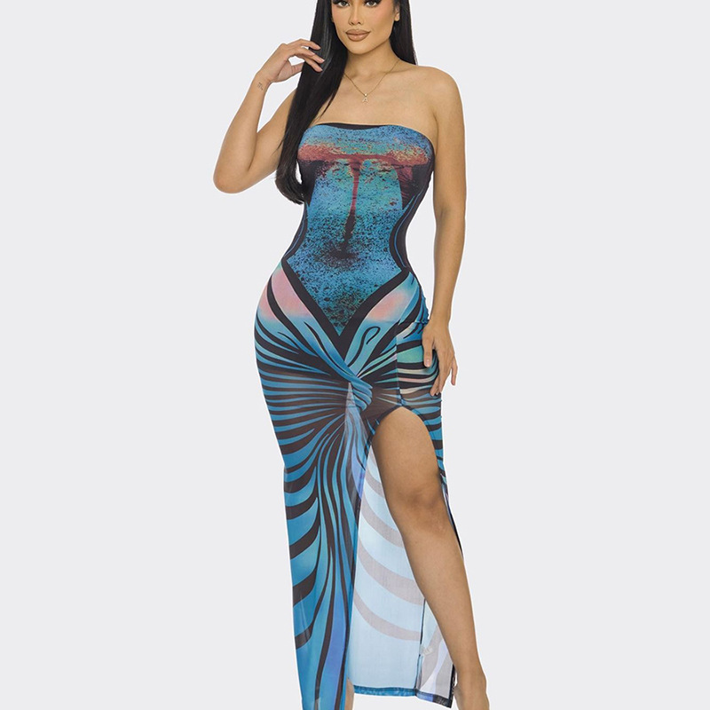 European Women's Fashion Spring Summer New Stylish Sexy Strapless Backless 3D Printed Slim Fit Long Dress