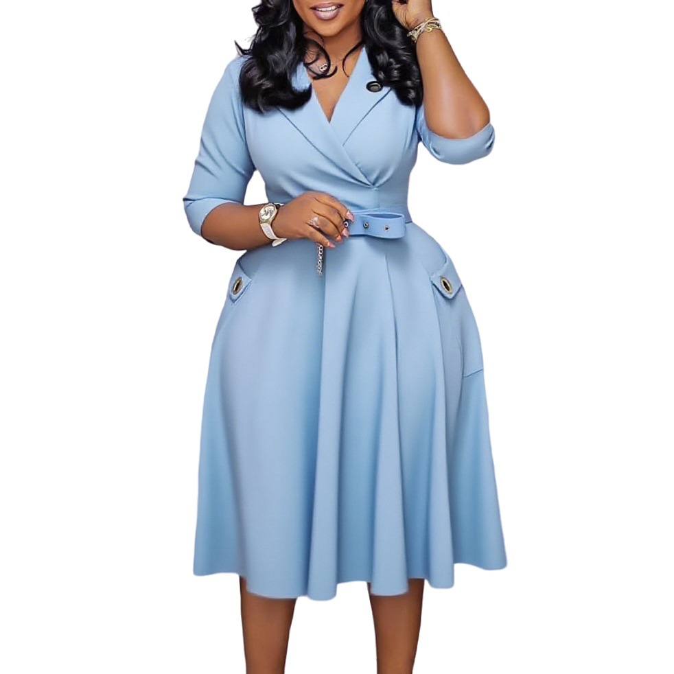 Elegant Plus Size African Dress with Suit Collar, High Waist Design for Women's Cross Border Trade Fashion, Stylish and Chic