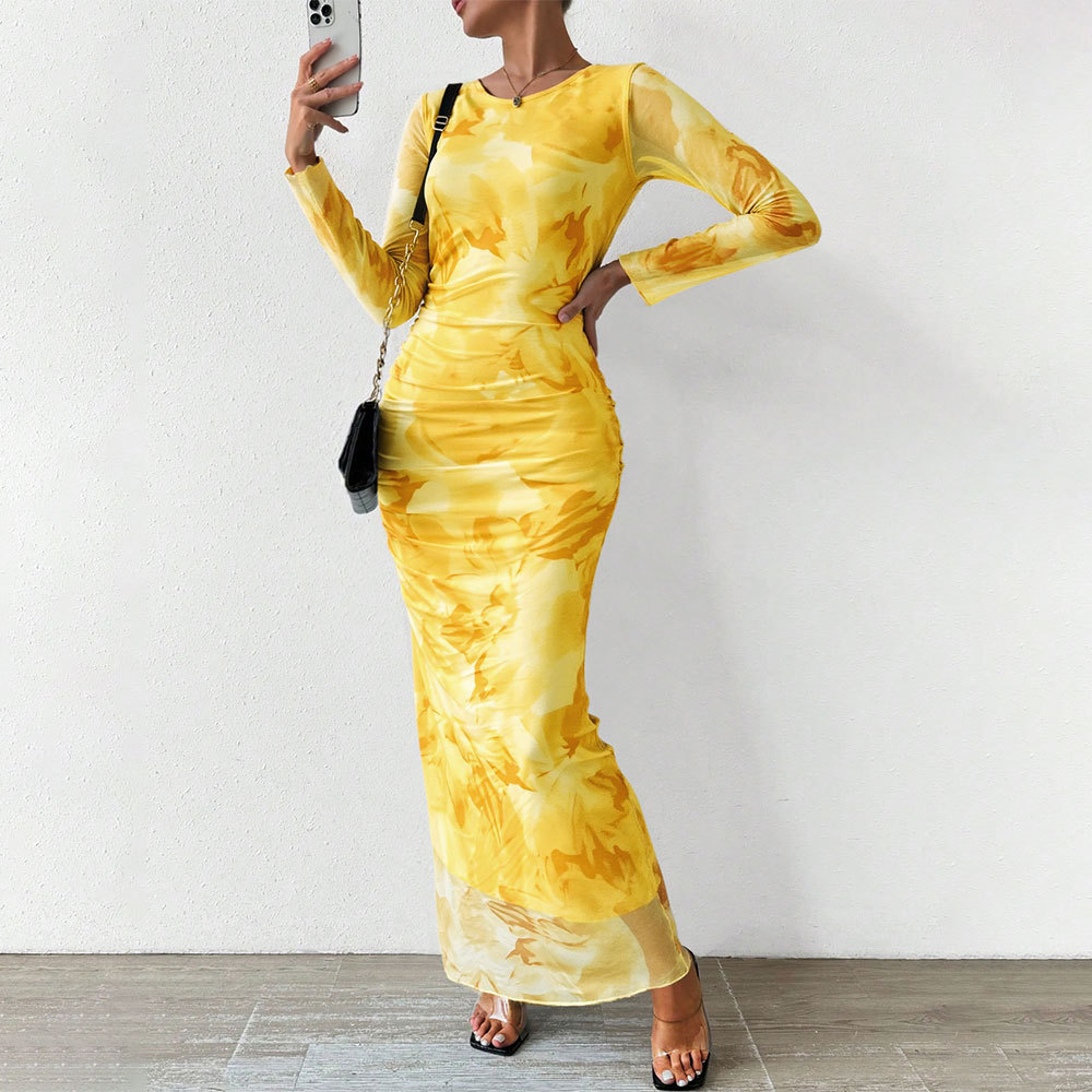 European and American Sexy Tight Strapless Long Dress with Gradient Floral Print High Waist Bodycon Dress