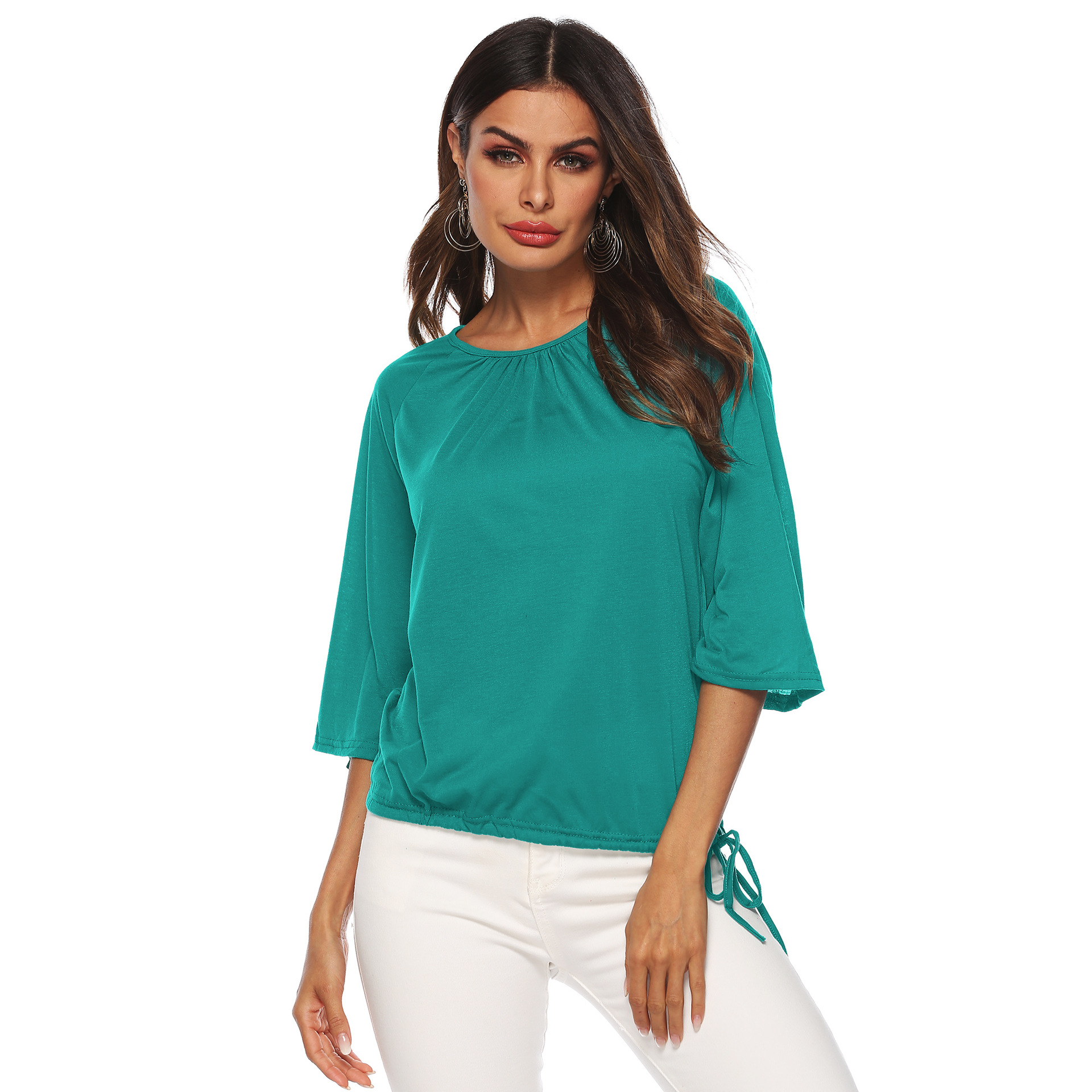 Womens Loose Fit Solid Color Round Neck T Shirt Three Quarter Sleeve Casual Wear Wholesale Available