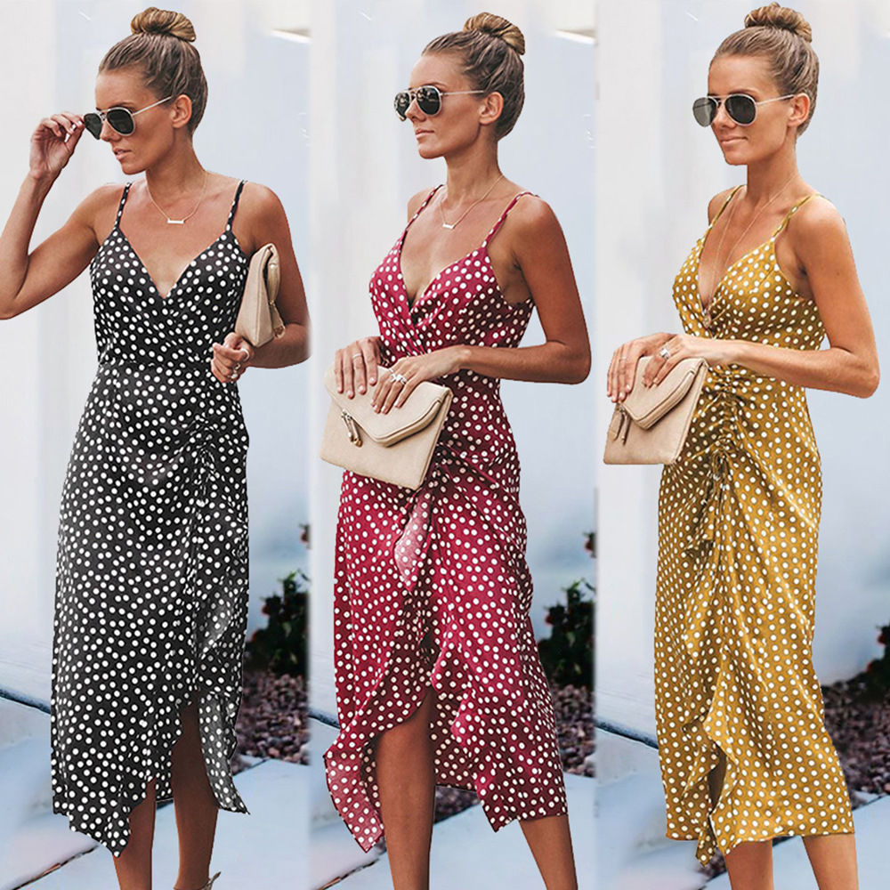 Summer Polka Dot Dress Sleeveless Off Shoulder Tail Hem Womens Casual Wear for Parties and Events Wholesale