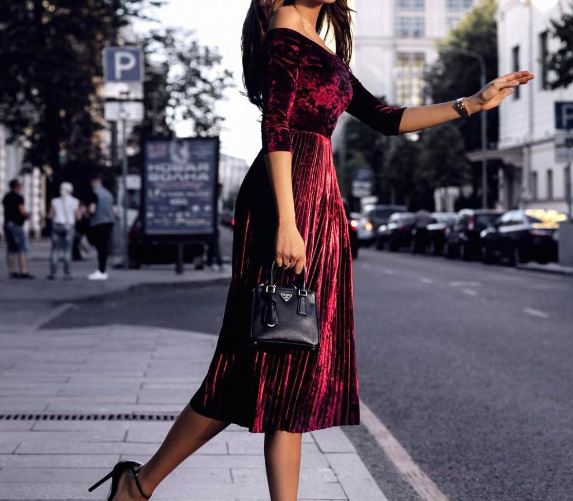 Off Shoulder Pleated Velvet Maxi Dress Four Quarter Sleeve Elegant Design Perfect for Parties and Special Occasions