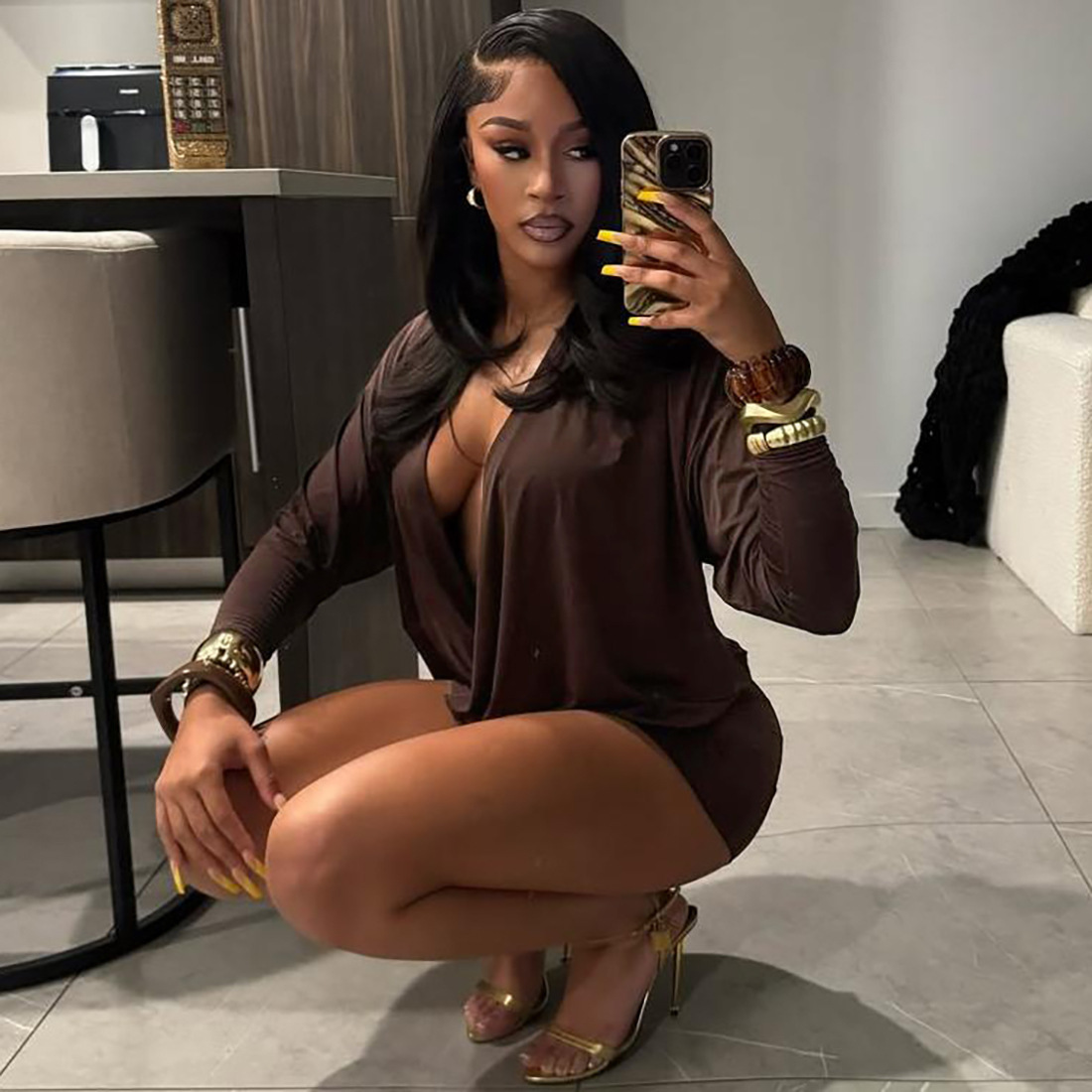 European and American Cross border Autumn New Sexy Versatile Fashion Simple Deep V Long Sleeve Bodycon Dress