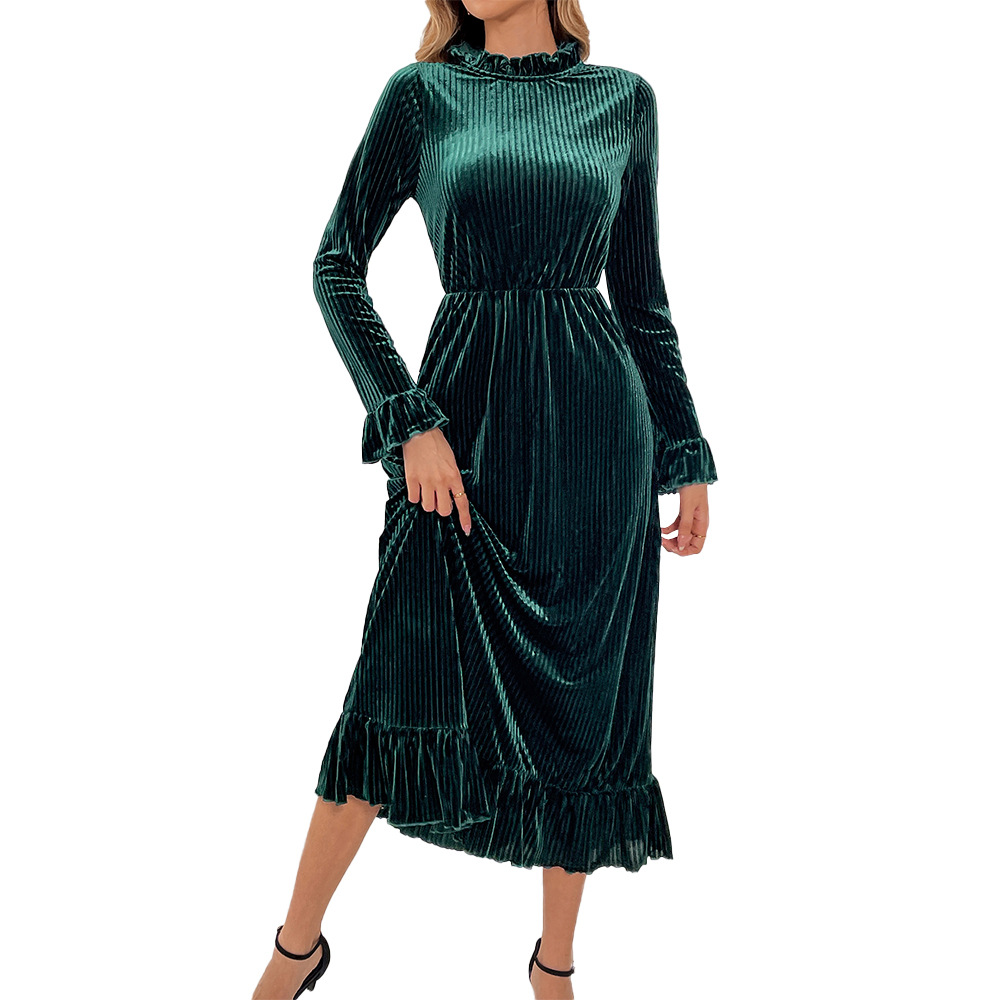 Elegant Velvet A line Long Dress with Waist Slimming and Long Sleeves