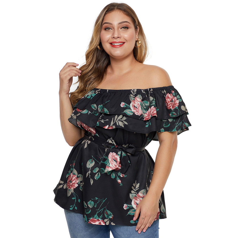 Womens Off Shoulder Floral T Shirt Layered Ruffle Short Sleeves Plus Size Casual Style Wholesale Available