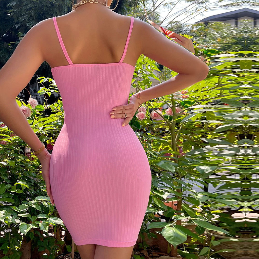 Barbie Pink European and American Style Sexy Off Shoulder Slim Fit Bodycon Party Slip Dress