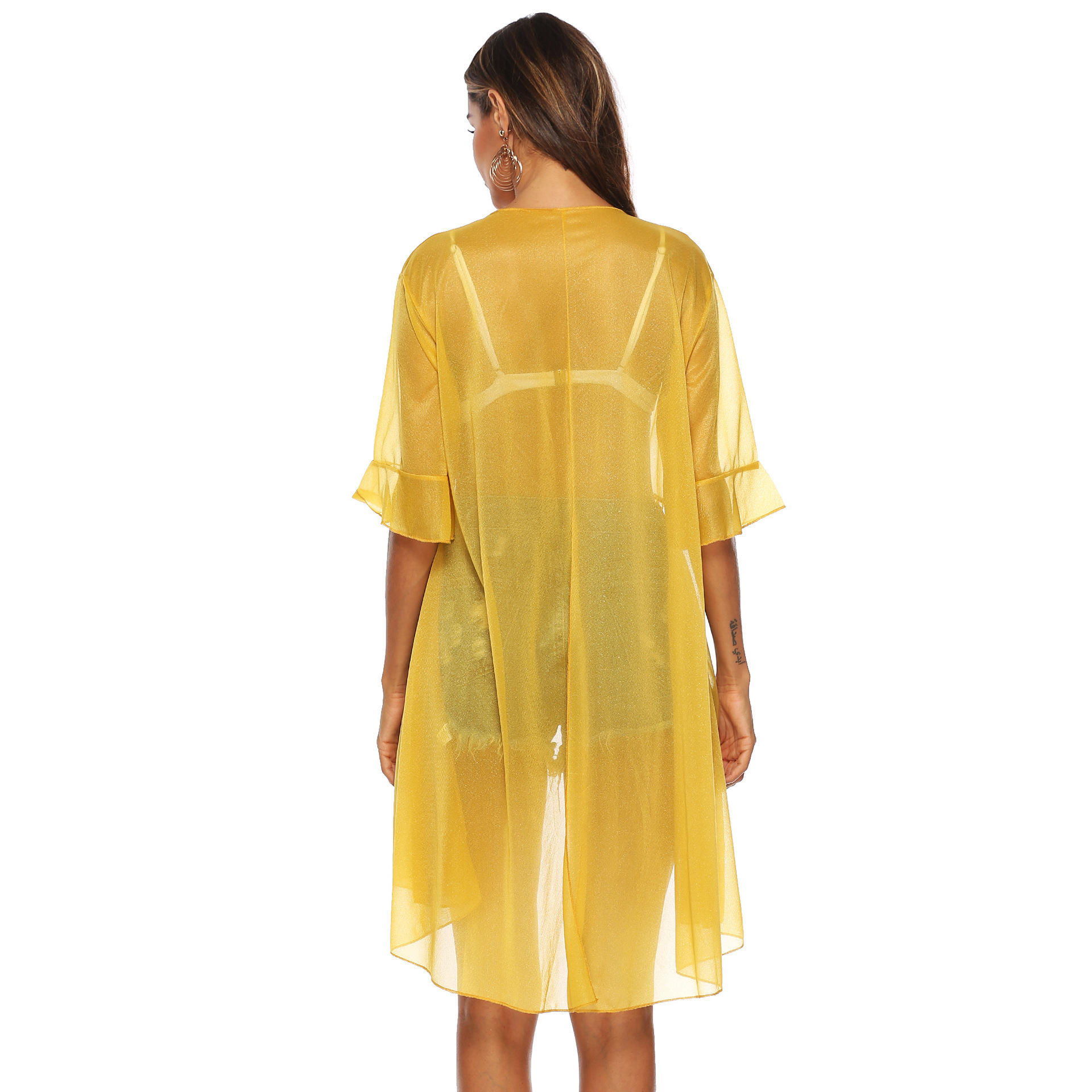 Sheer Loose Fit Ruffled Sleeve Beach Cover Up Adjustable Tie Sun Protection Lightweight Fabric Summer Casual Wear