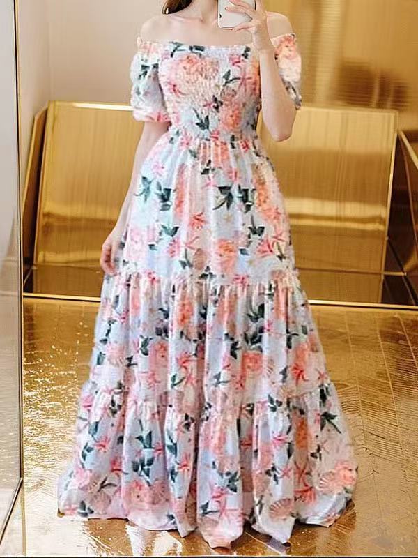 New Spring Summer European and American Foreign Trade Women's Dress One Shoulder Floral Dress Fashion Off Shoulder Long Dress