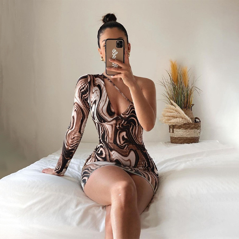 Summer Womens One Shoulder Long Sleeve Bodycon Dress Water Wave Print Trendy Design Perfect for Parties Wholesale