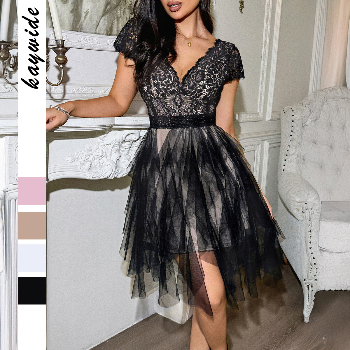 Elegant Lace Short Sleeve Dress with A line Skirt for Women