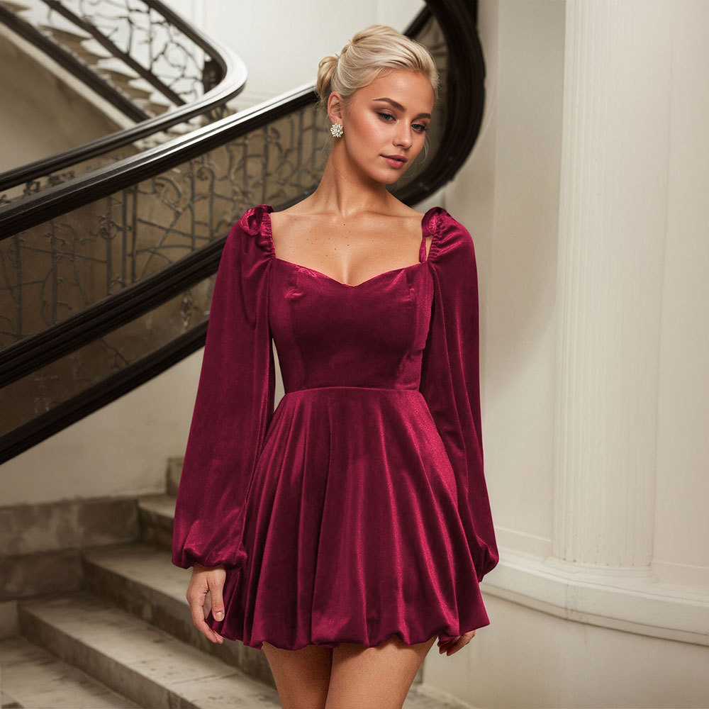 Womens Burgundy High Waisted Dress French Style Autumn Winter Velvet Fabric Party Gathering Wholesale Available
