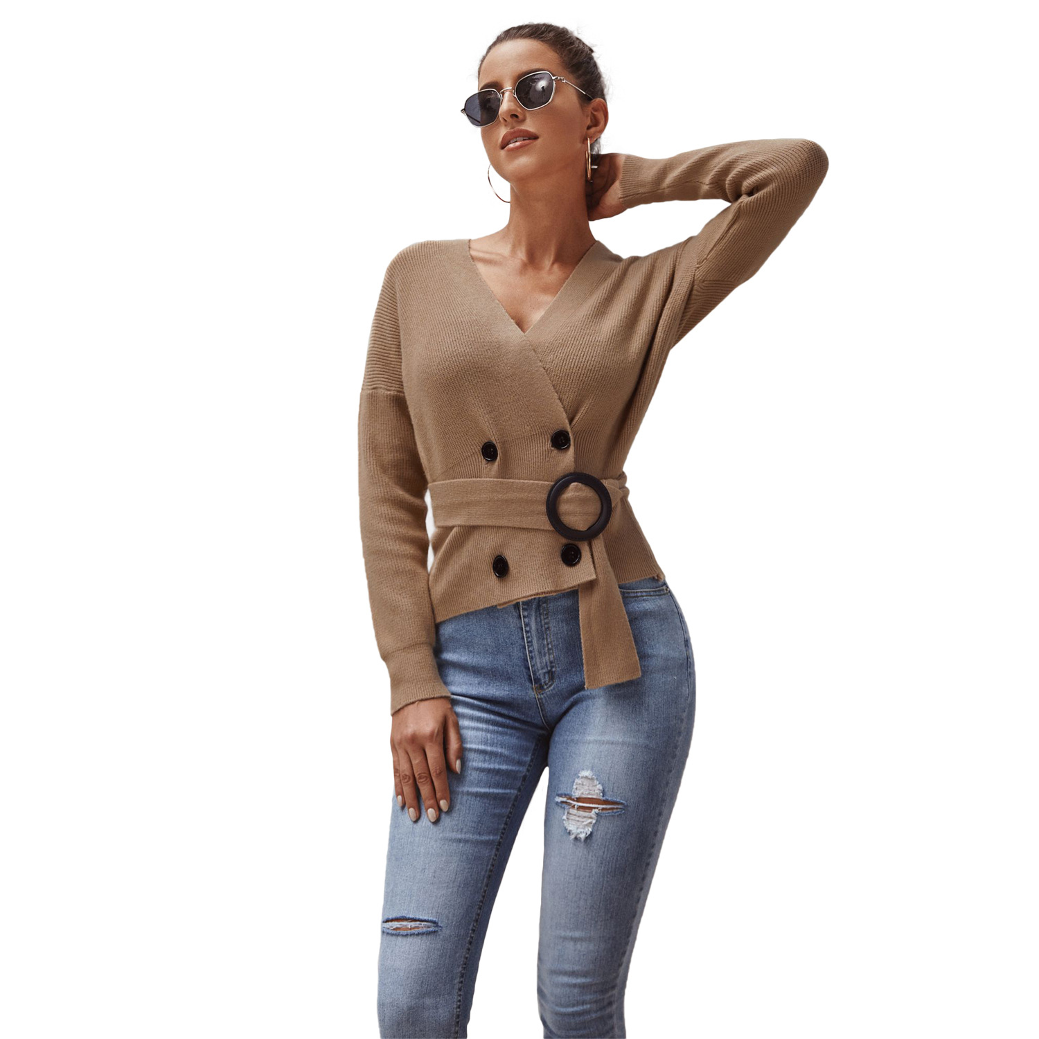 Double Breasted Waist Tie V Neck Long Sleeve Knit Sweater Womens Autumn Winter Fashion Cozy and Stylish Wholesale