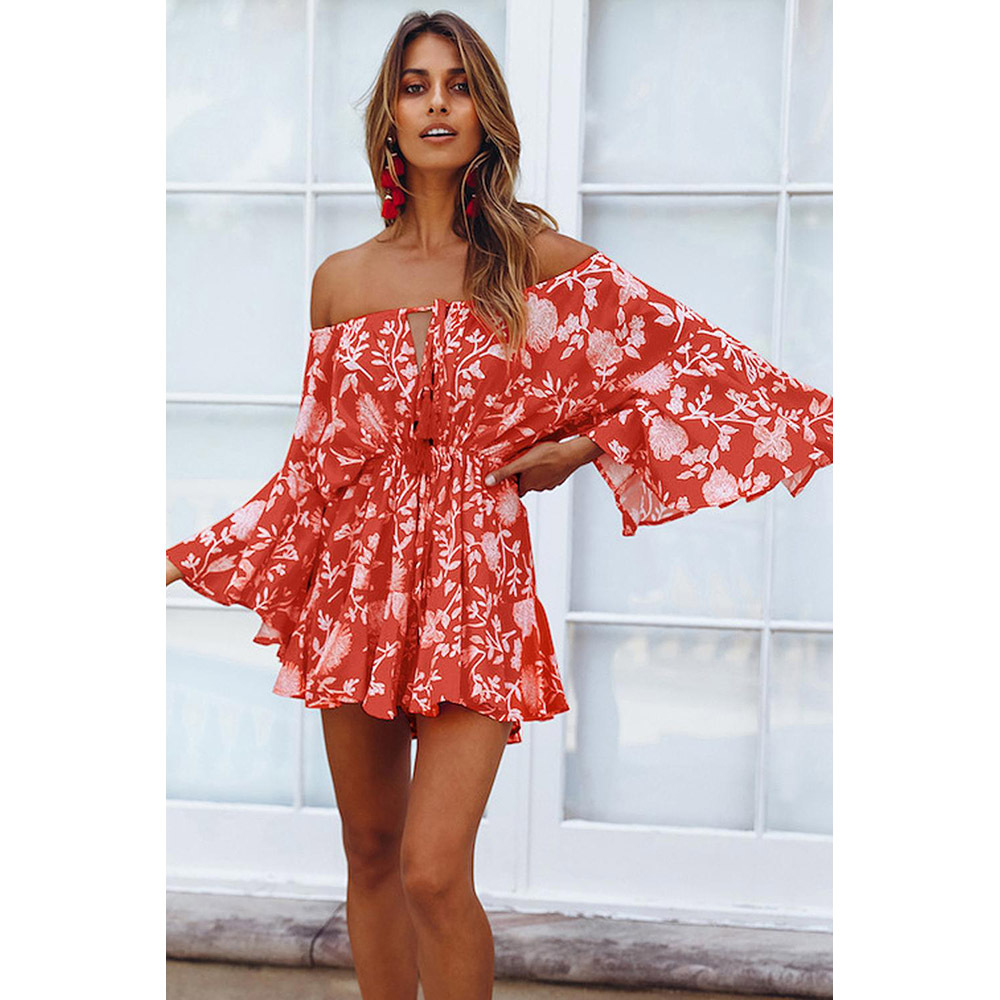 Belted Off Shoulder Jumpsuit Flared Long Sleeves Floral Print Casual Chic Perfect for Vacations Wholesale Available