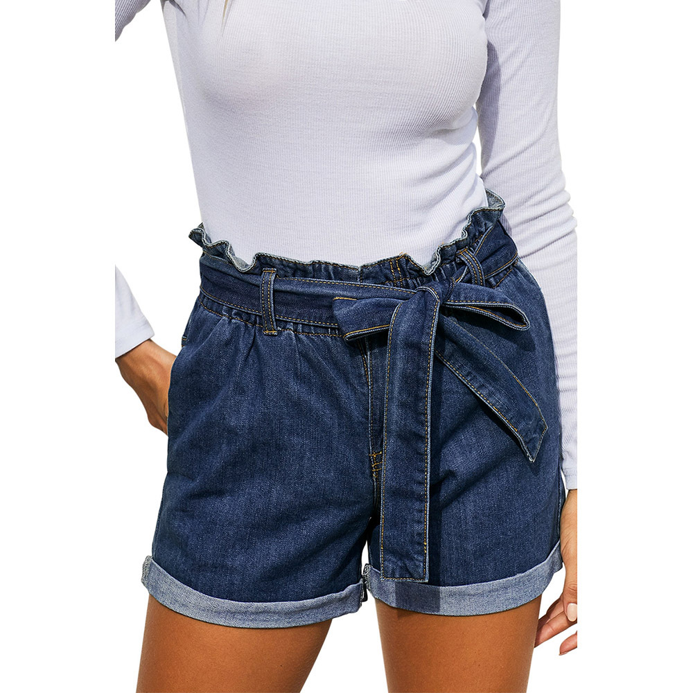 Womens High Waisted Denim Shorts Blue Paper Bag Waist Straight Leg Summer Casual Wear Wholesale Available