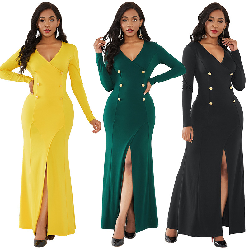 Elegant Solid Color Long Sleeve Bodycon Dress V Neck High Slit Party Wear Wholesale Available
