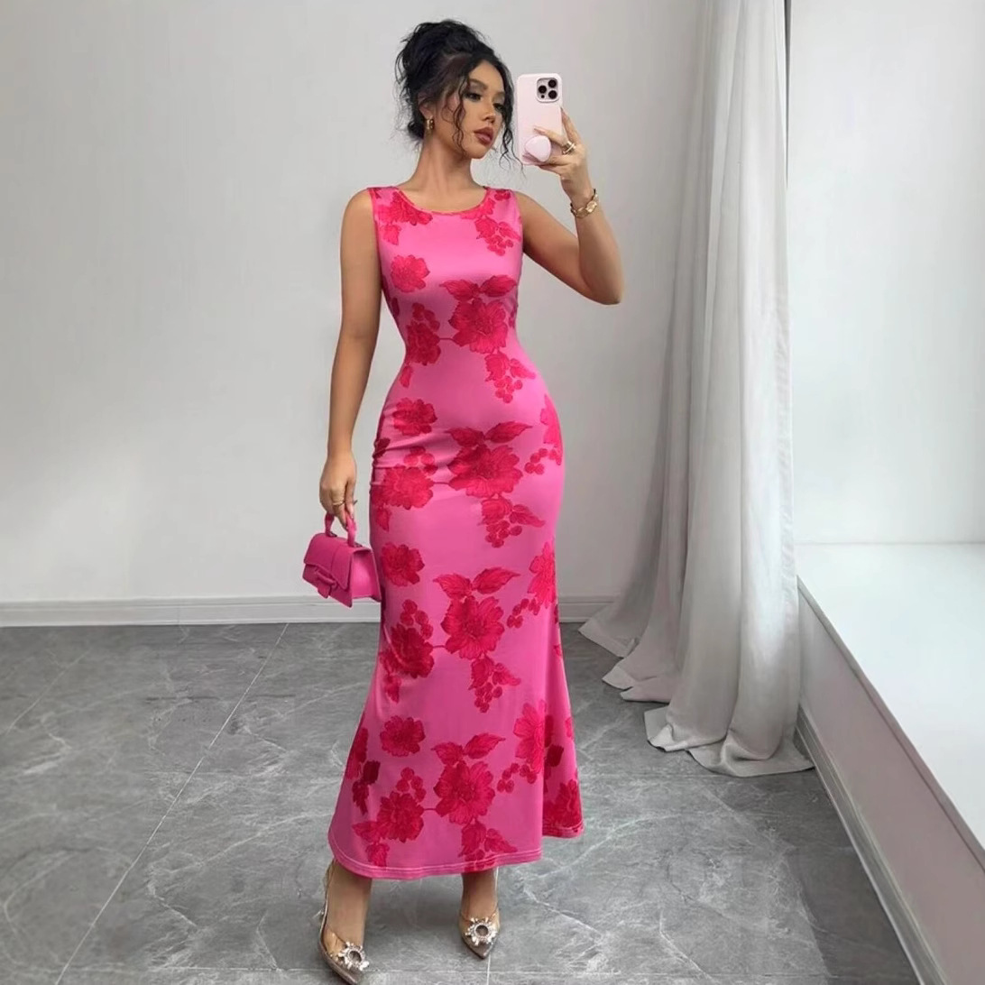 Floral Sleeveless Maxi Dress Elegant Straight Silhouette Lightweight Fabric Ideal for Vacation Wholesale Available