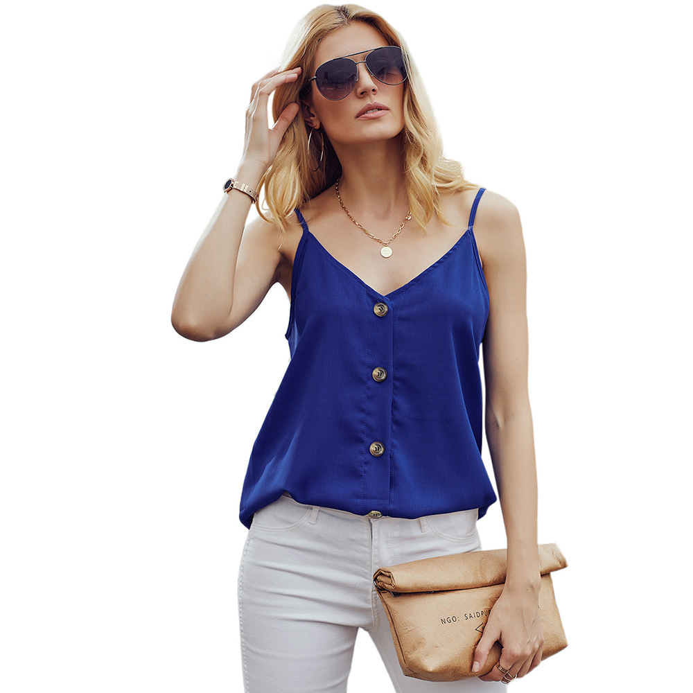 Womens Summer Sleeveless V Neck Tank Top European Style Button Detail Backless Design Casual Wear Wholesale