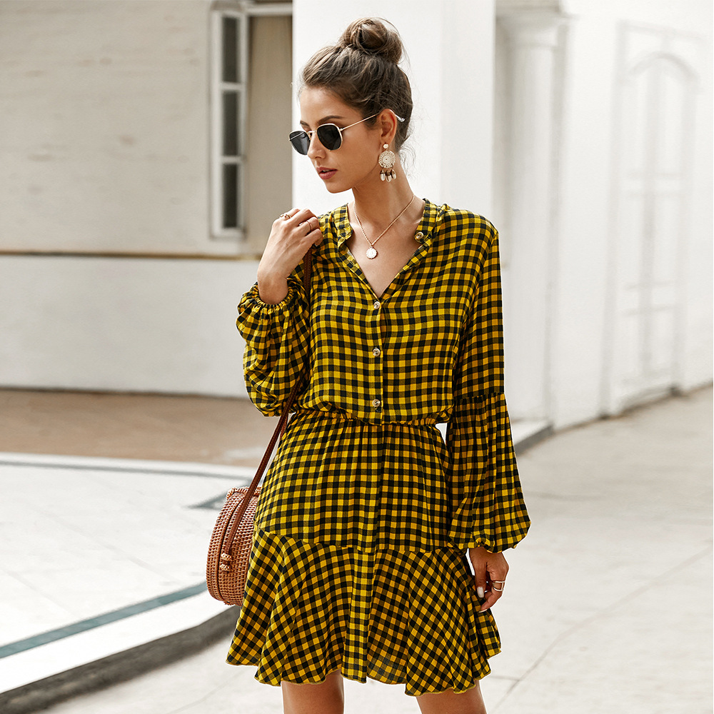 Designer Checkered Midi Dress Elegant Long Sleeve Spring Summer Style Perfect for Office Wear Wholesale Available