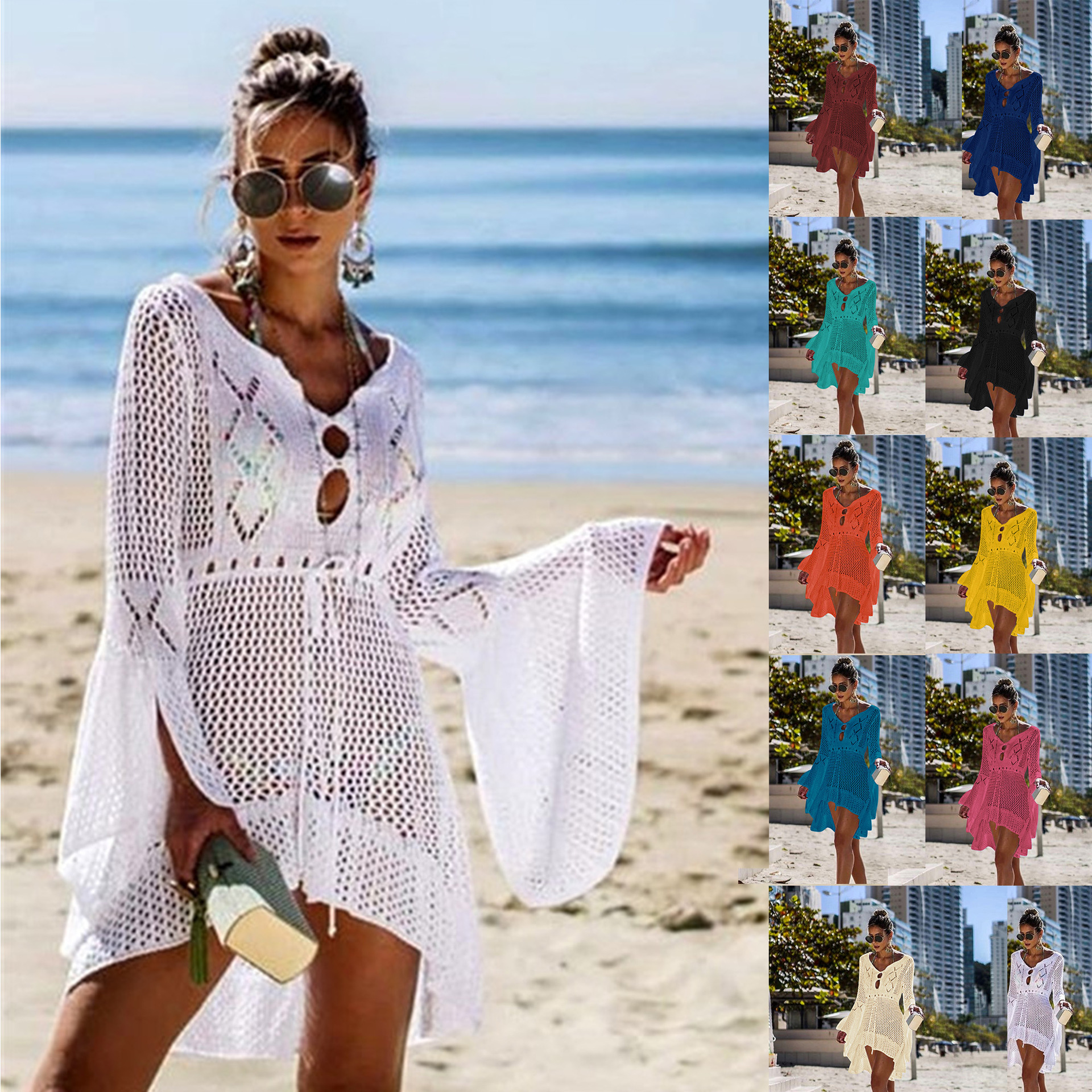 Irregular Deep V Sexy Hollow Out Knitted Beach Cover Up Dress Bell Sleeves Lightweight Fabric Summer Style Wholesale