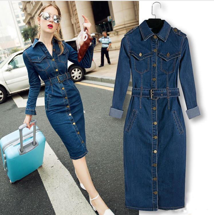 Womens Long Sleeve Denim Dress Button Closure Plus Size Casual Style Wholesale Availability