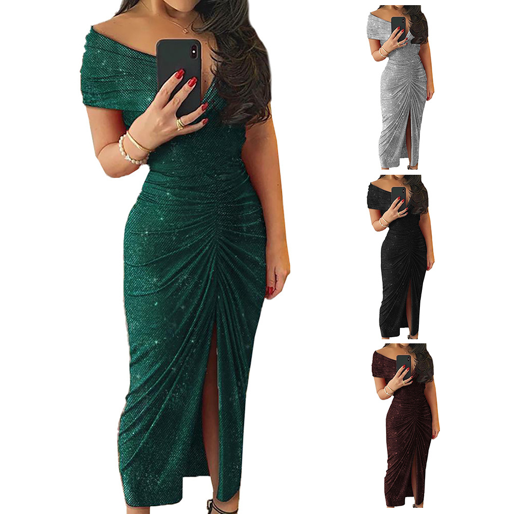 Elegant Evening Dress V Neck Short Sleeve Sequin Side Split Formal Events Parties Wholesale Available