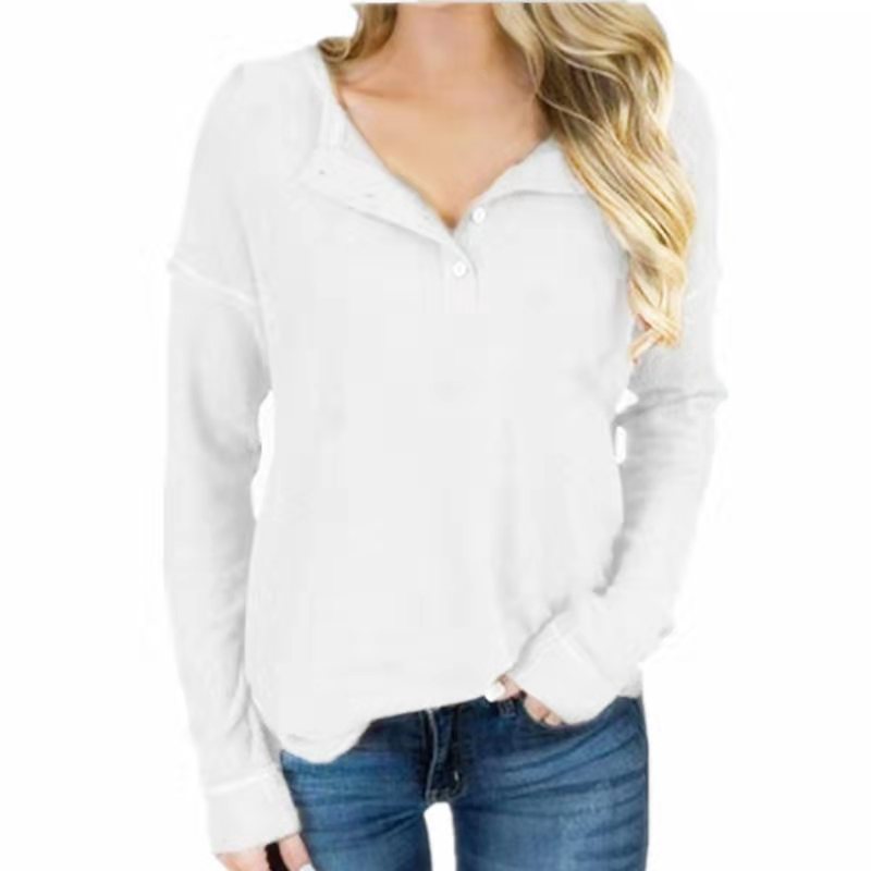 Waffle Knit Long Sleeve T Shirt for Women V Neck Button Detail Casual Style Wholesale Available