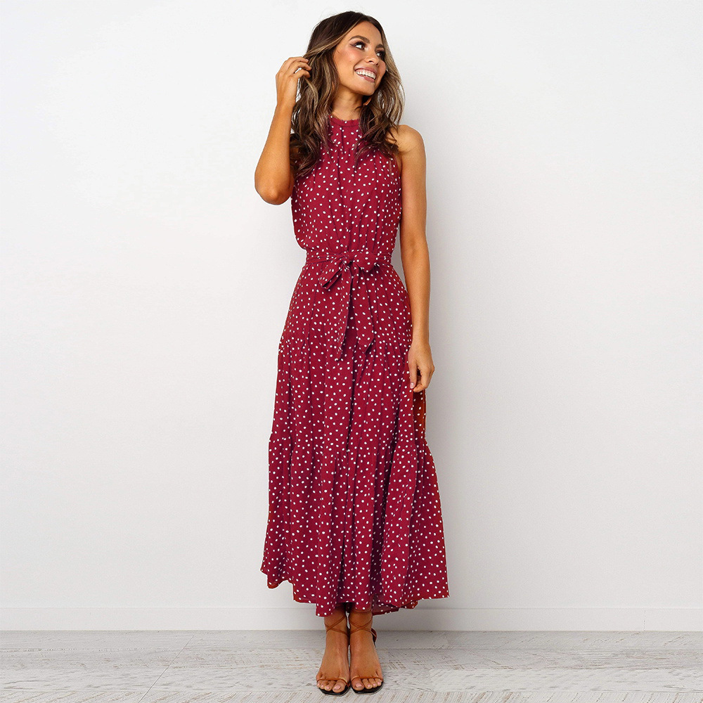 Summer Womens Midi Dress Polka Dot Tie Waist Comfortable Fabric Casual Wear for Parties or Everyday Wholesale