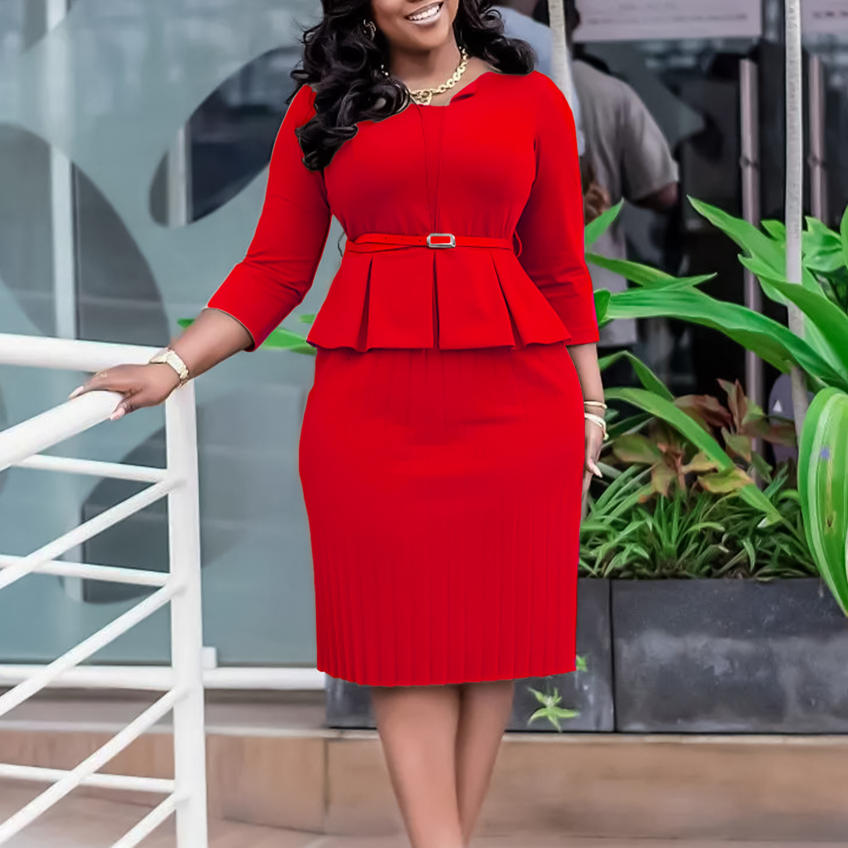 Women's V Neck Ruffled High Waist Pencil Skirt Dress for Winter, Slim Fit Office Commuter Style, Trendy and Elegant Design