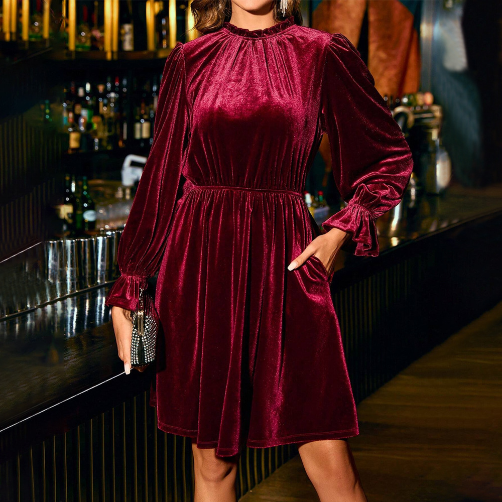 Velvet Elegant Slim Fit Half Turtleneck A line Short Dress