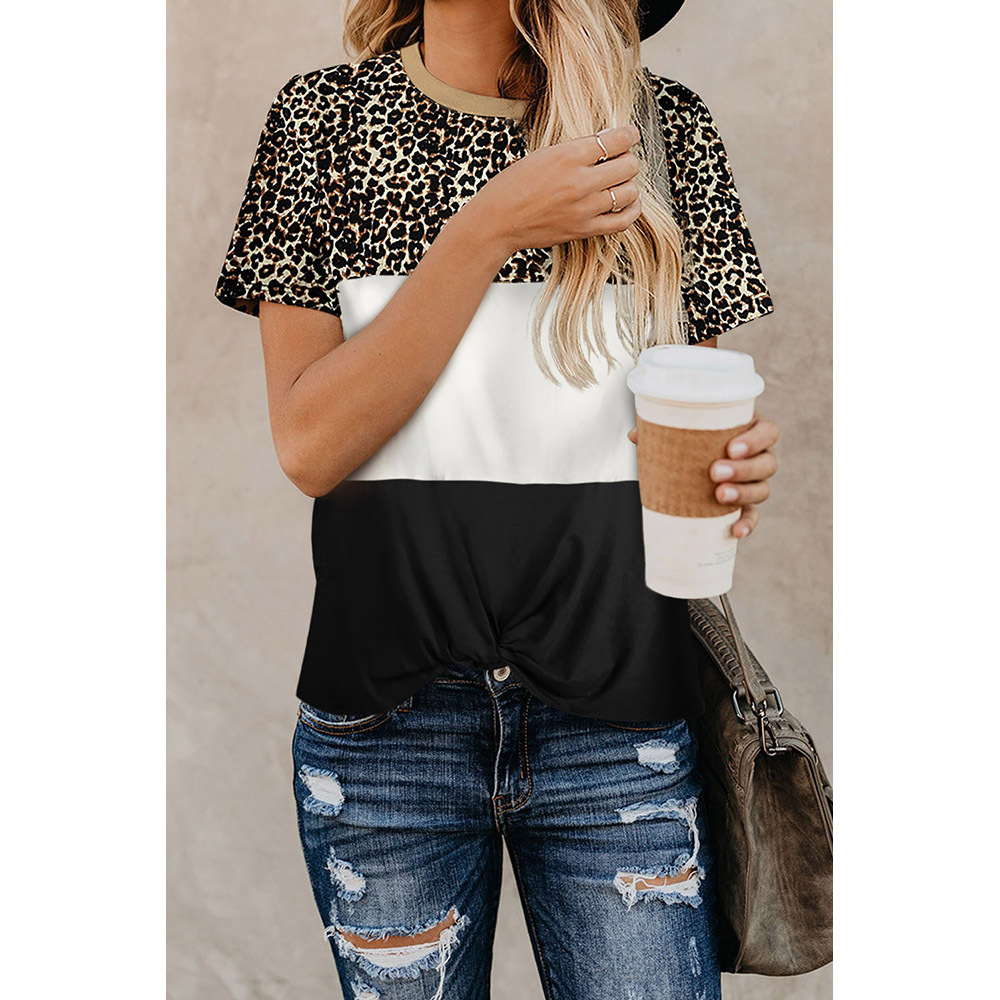 Womens Short Sleeve T Shirt Leopard Print Patchwork Slim Fit Casual Style Perfect for Urban Outings Wholesale