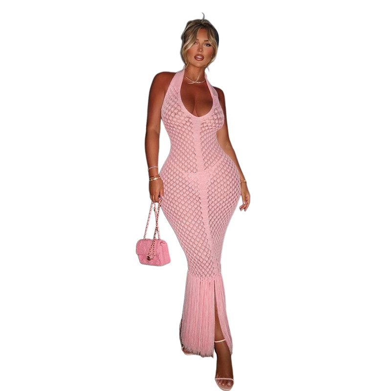 Summer New Cross Border Source New European and American Women's Sexy Solid Color Sheer Mesh Knitted Beach Skirt