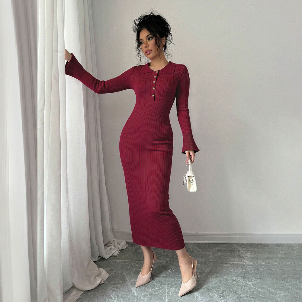 TK Autumn Winter Pure Desire Style Sexy Slimming Round Neck Long Sleeve Knitted Bodycon Dress