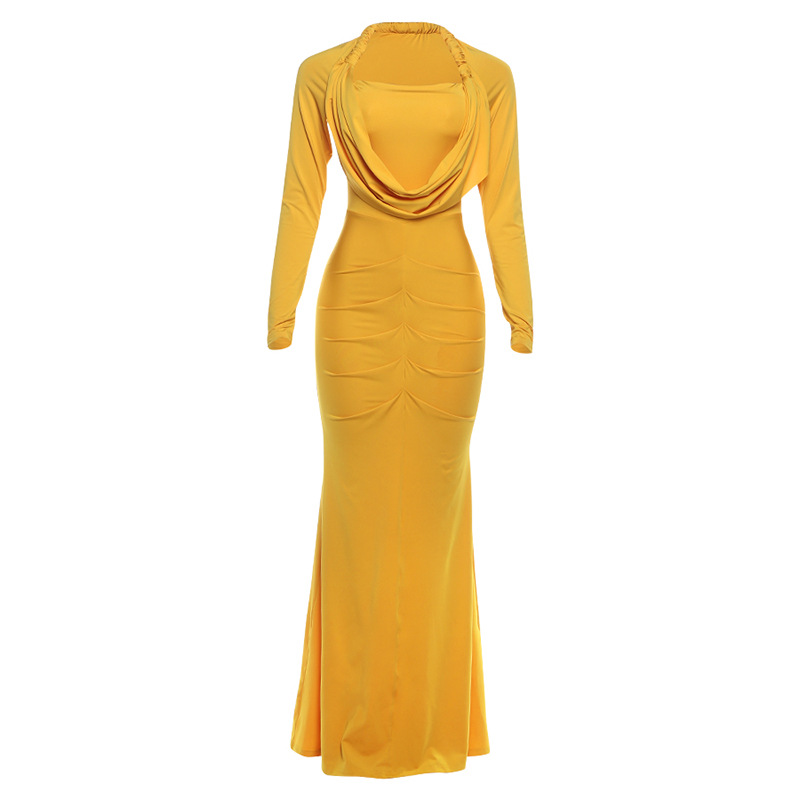 European and American Cross border New Autumn and Winter Women's Fashion Elegant High Neck Solid Color Slim Long Dress