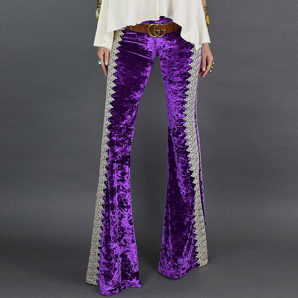 High Waisted Wide Leg Pants Velvet Fabric Crochet Lace Trim Loose Fit Casual Wear for Fall and Winter Wholesale