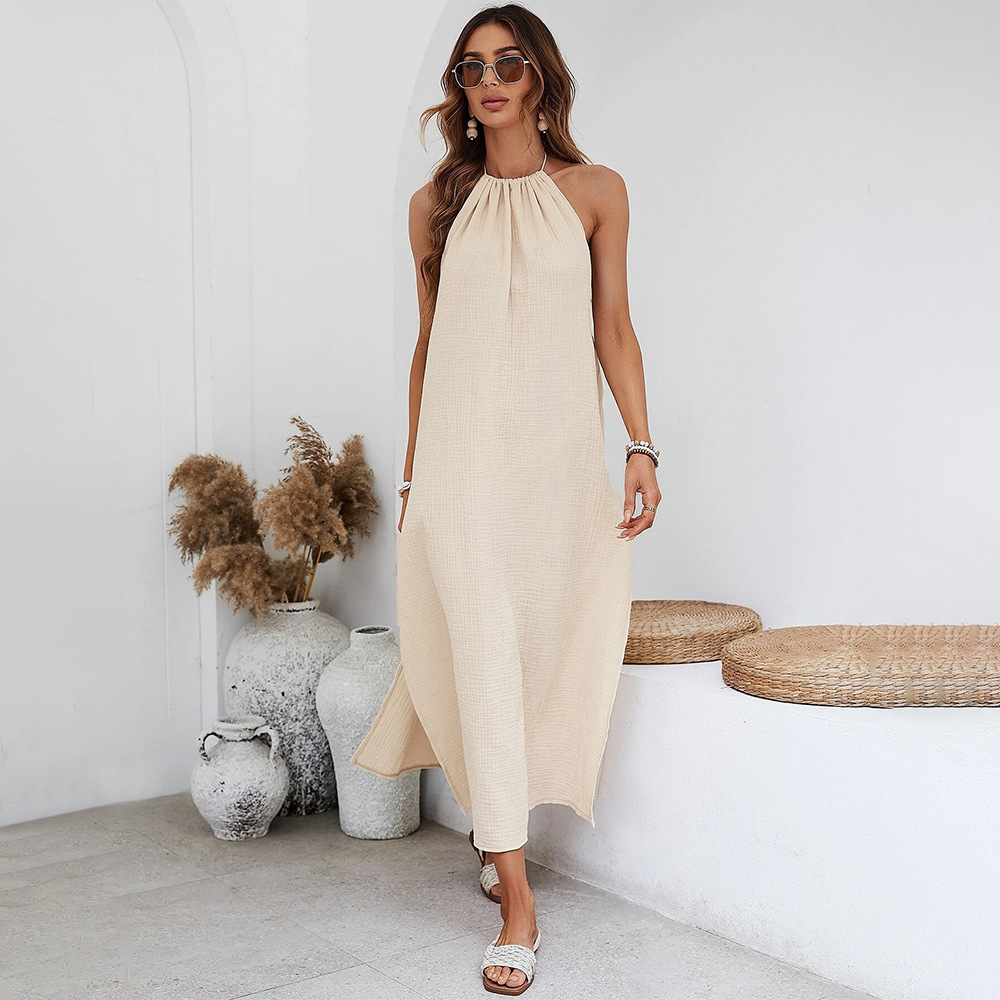 New European and American Style Woven Casual Halter Neck Dress with Open Back for Beach Vacation