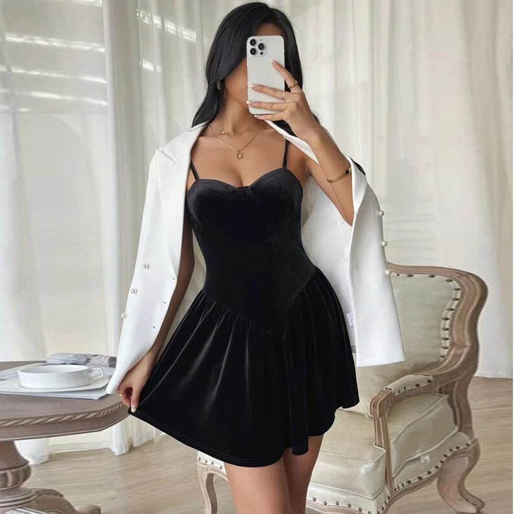 New Party Dress Velvet Spaghetti Strap Mini Dress for Women