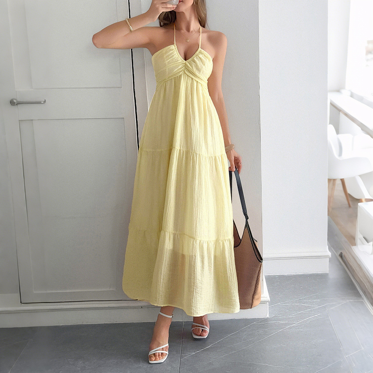Casual Vacation Halter Semi transparent Dress for Women Summer