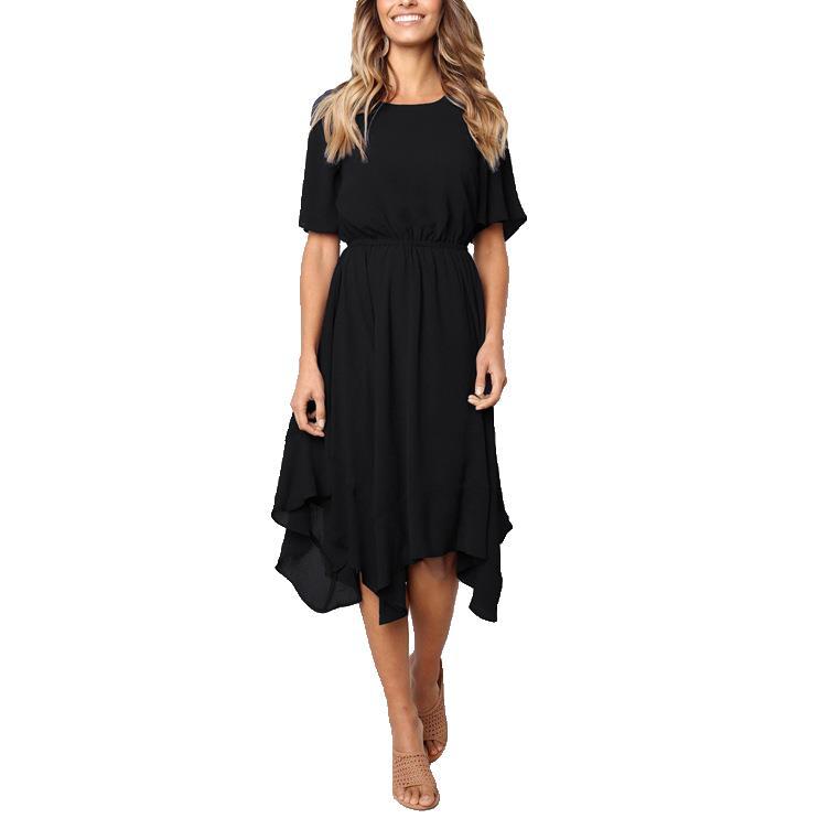 Irregular Waist Short Sleeve Dress Round Neck Casual Style Spring Autumn Fashion Wholesale Available