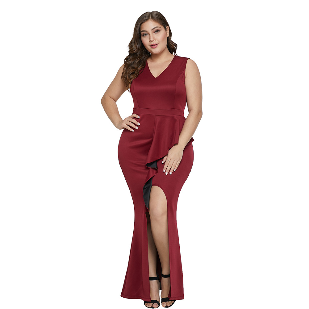 Plus Size Sleeveless V Neck Maxi Dress High Waist Asymmetrical Ruffle Hem Side Slit Elegant Evening Wear OEM