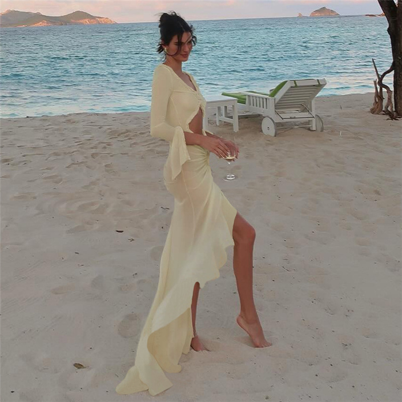 European and American Cross border Summer Women's New V neck Sheer Sexy Hollow Pleated Lace Slim Dress