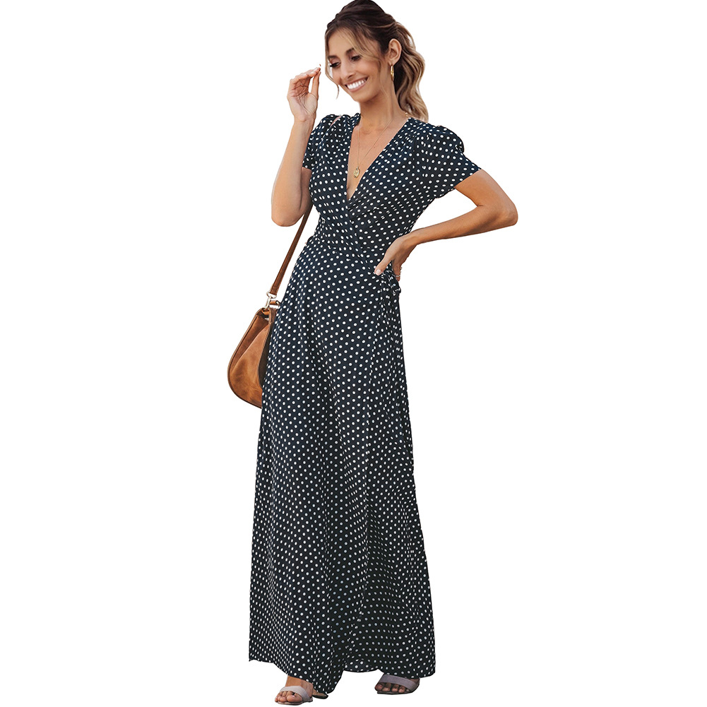 Womens Summer Dress Polka Dot Deep V Neck Short Sleeve Flared Hem Casual or Party Wear Wholesale Available