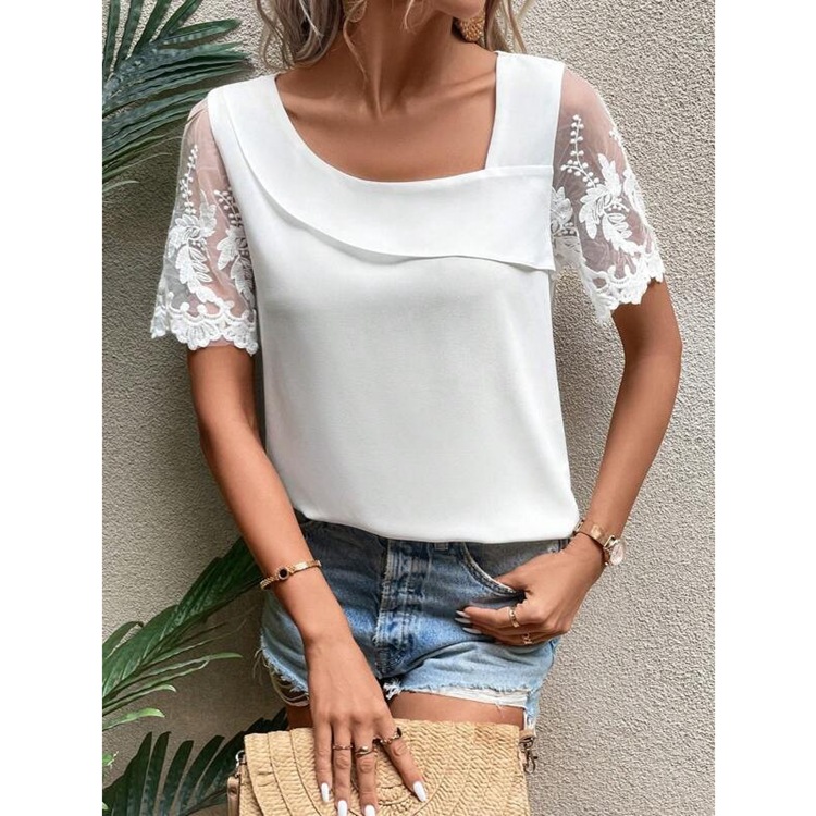 Lace Short Sleeve T Shirt for Women Solid Color Asymmetrical Neckline Fresh and Sweet Style Perfect for Summer Casual