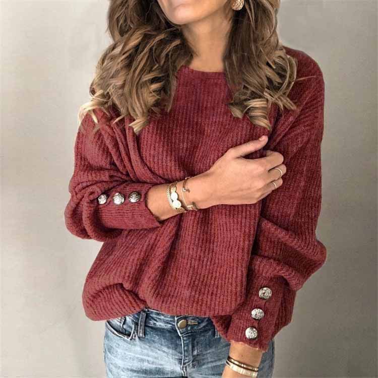 Womens Long Sleeve Knit Top Round Neck Button Detail Comfortable Fabric Casual Wear for Spring and Autumn