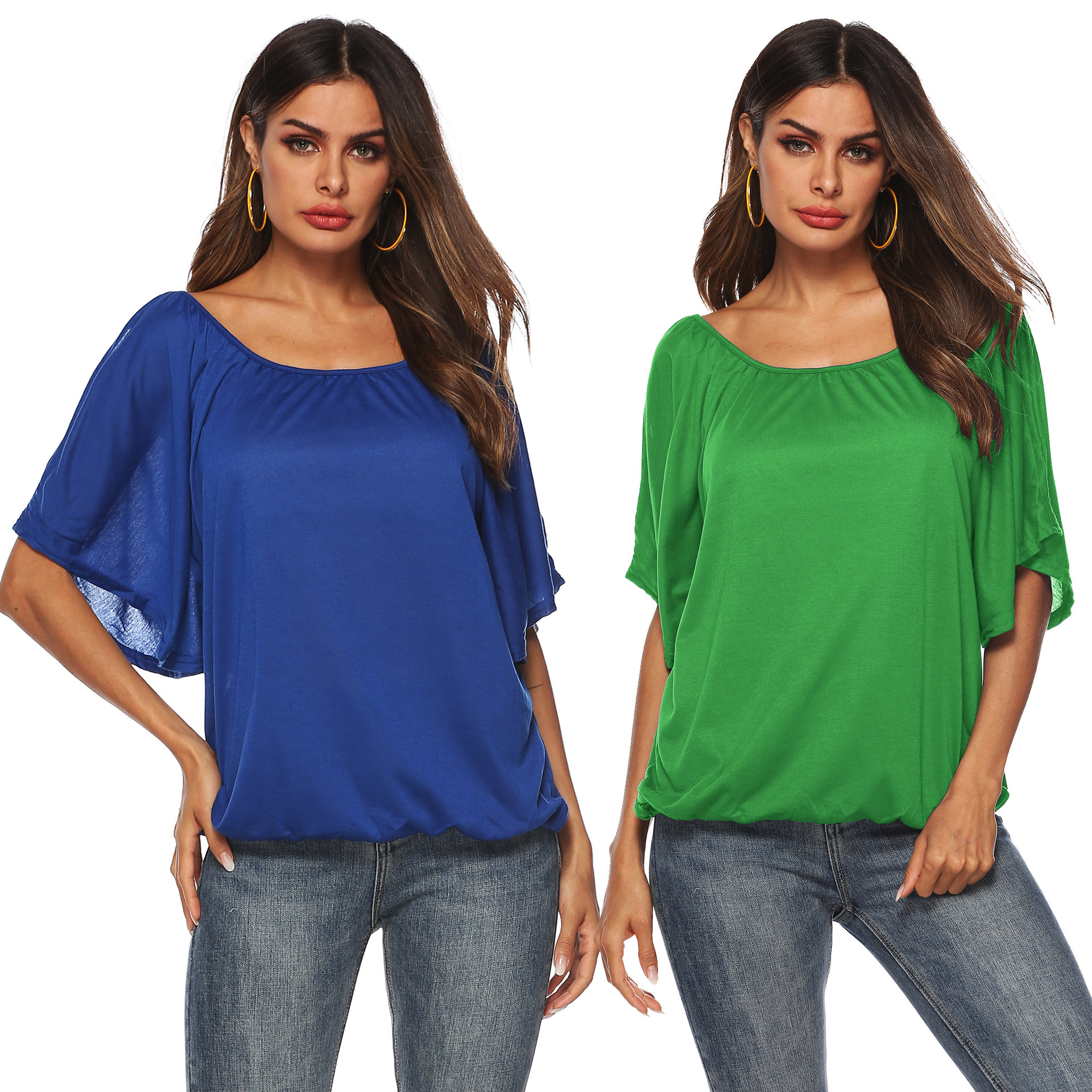 Womens Batwing Sleeve T Shirt Solid Color Round Neck Asymmetrical Hem Casual Wear Summer Style OEM Available